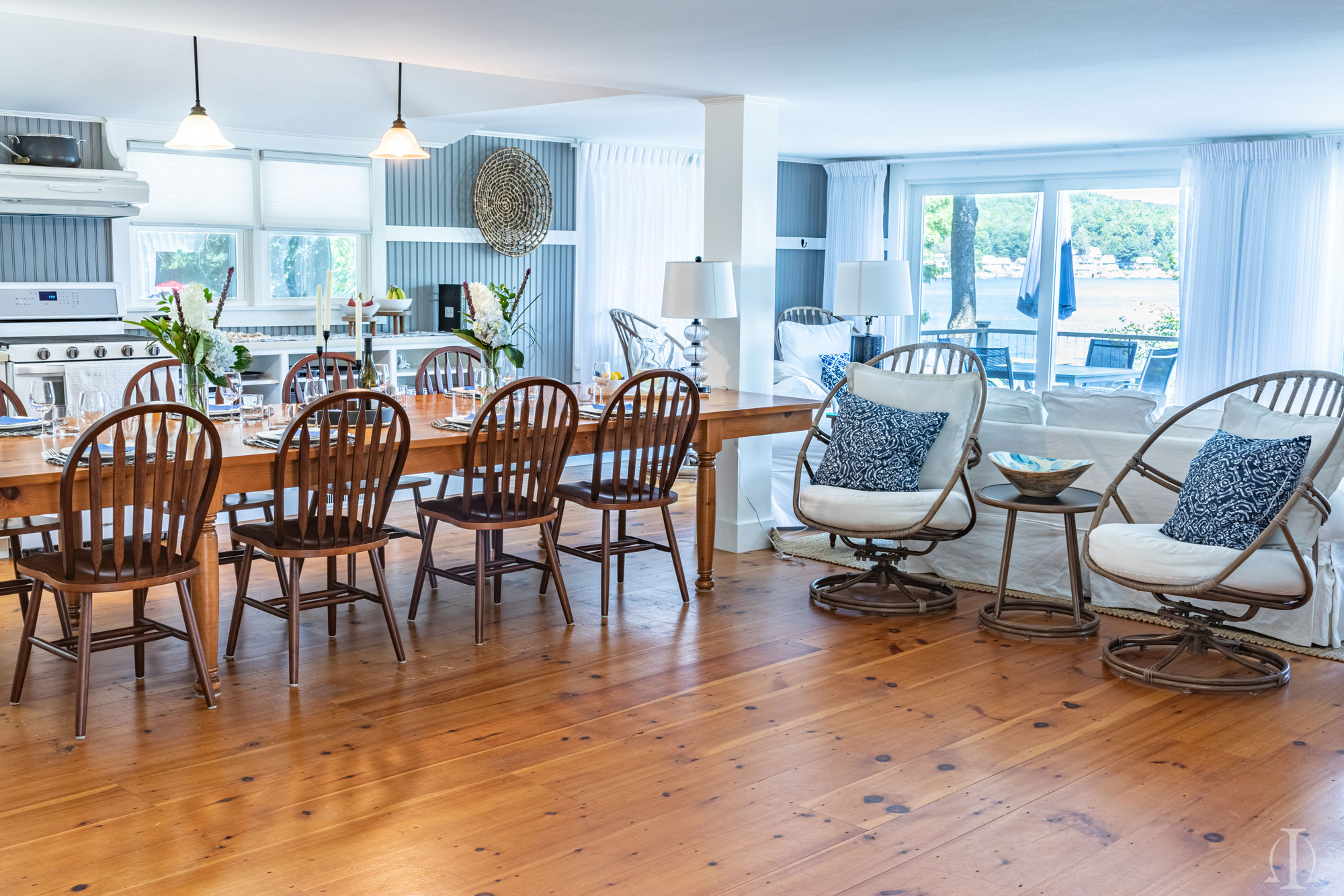 Open concept kitchen and living area overlooking Spofford Lake